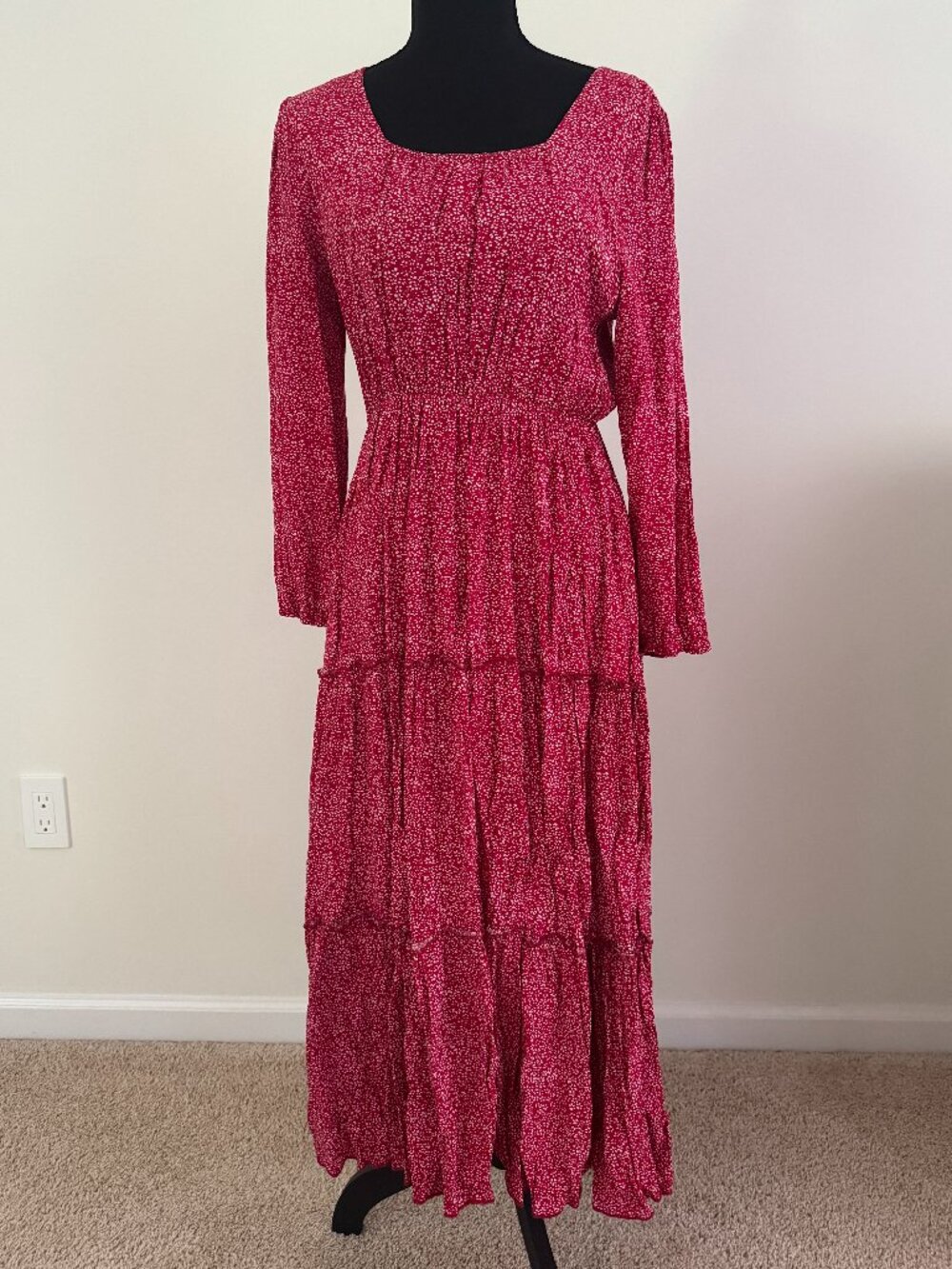 Red White Floral Ditsy Print Tiered Maxi Dress Smocked Waist Cottagecore Small